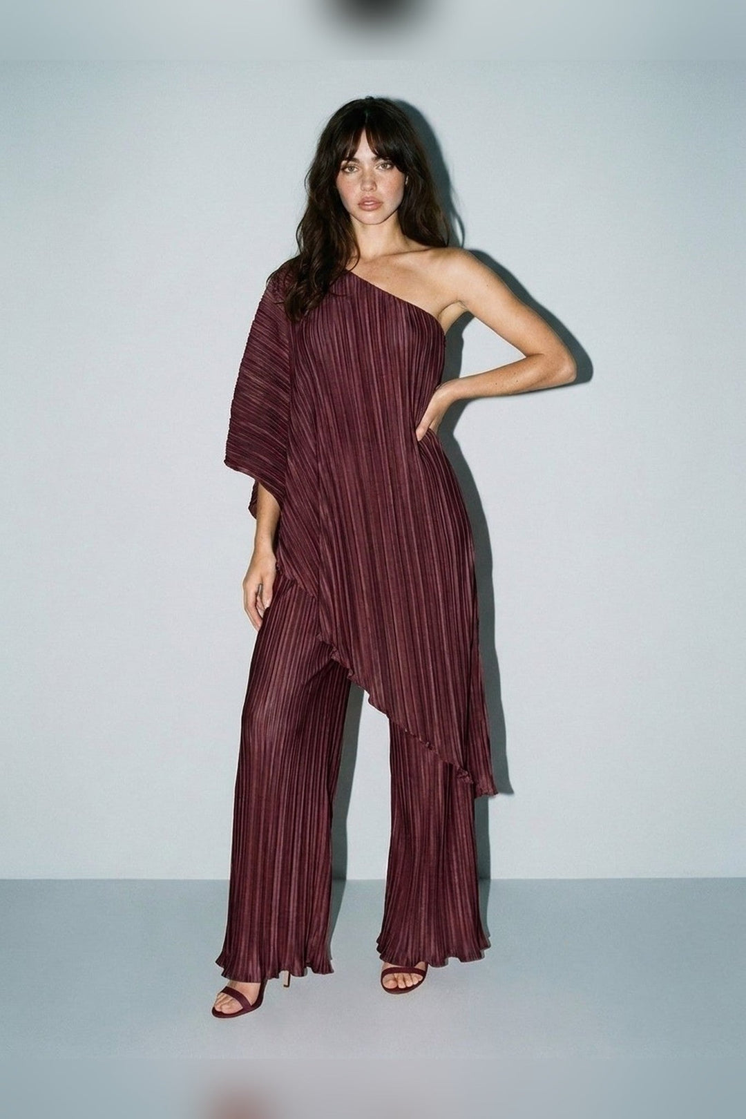 Plum Pleated One Shoulder Tunic Top and Pant Set - STYLED BY ALX COUTUREOutfit Sets