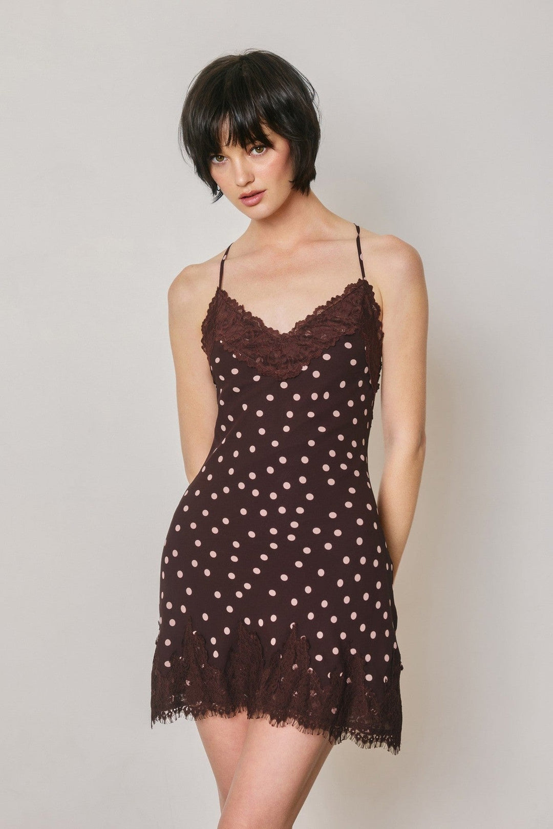 Plum Polka Dot Chiffon Lace Trim Slip Mini Dress - STYLED BY ALX COUTUREDresses
