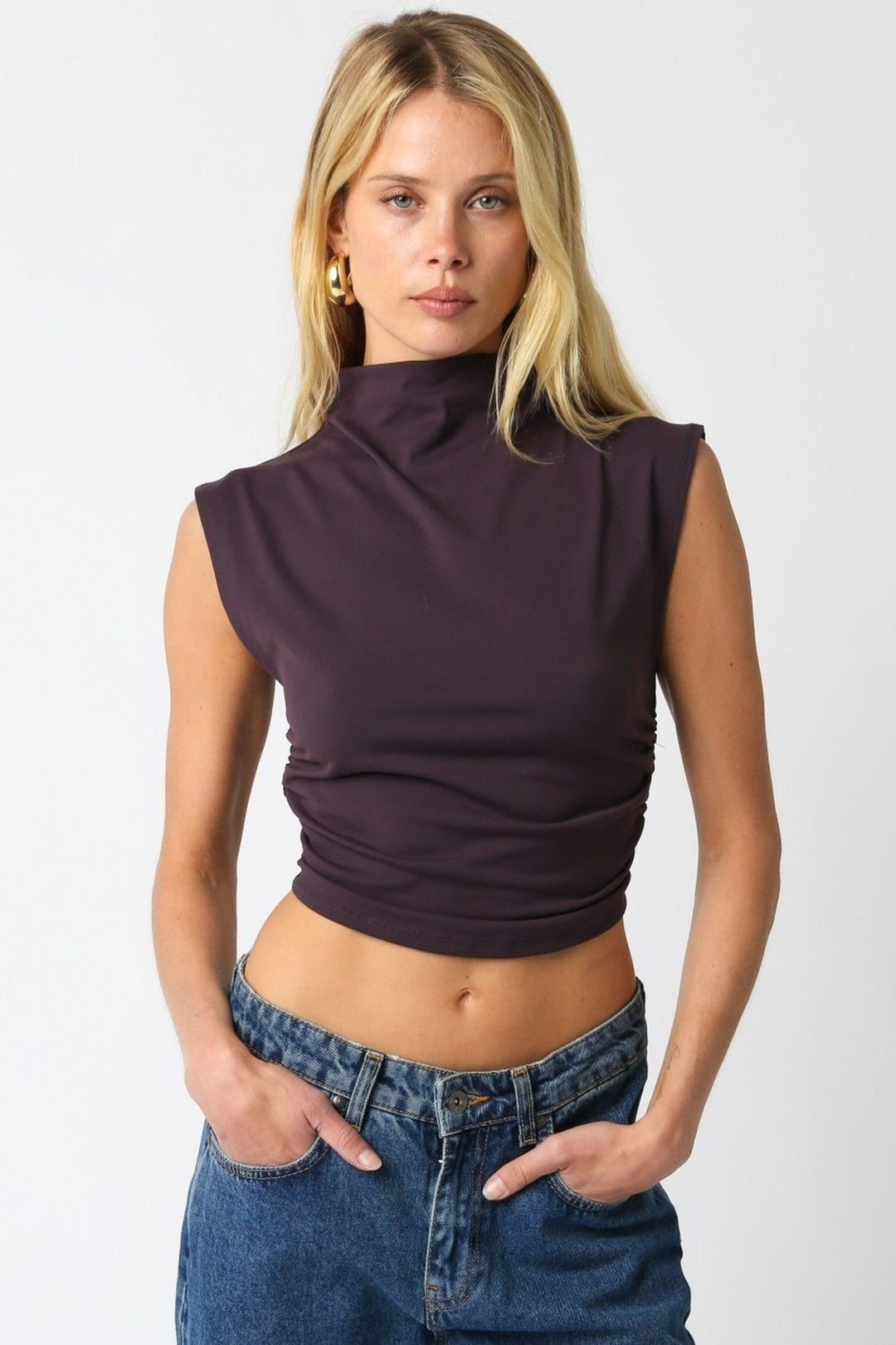 Plum Sarah Mock Neck Ruched Cropped Top - STYLED BY ALX COUTURETops