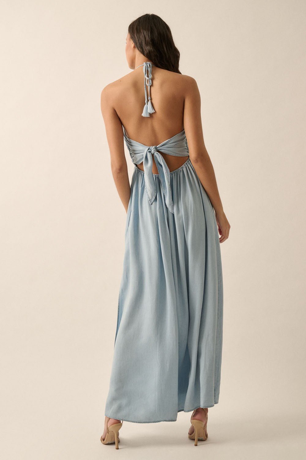 Plunging Halter-Neck Solid Denim Maxi Dress Plunging Halter-Neck Solid Denim Maxi Dress