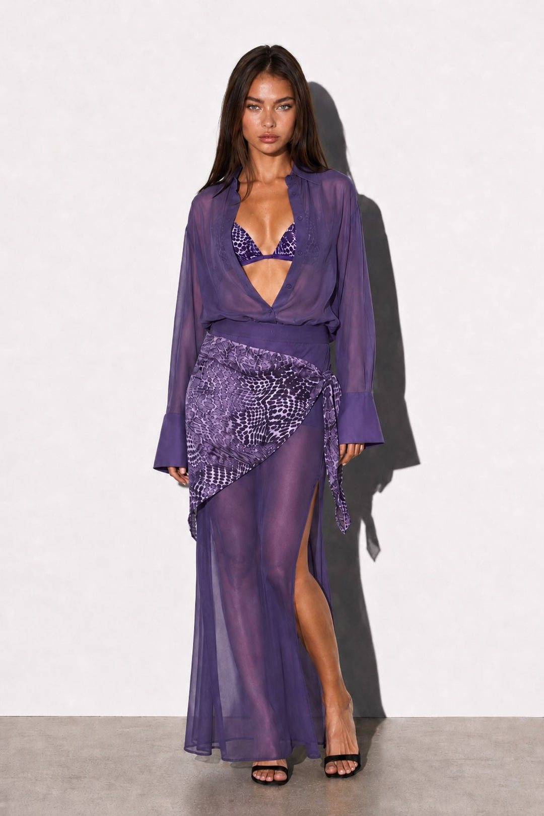Purple sheer long sleeve maxi dress with bralette and sequin wrap scarf, front view