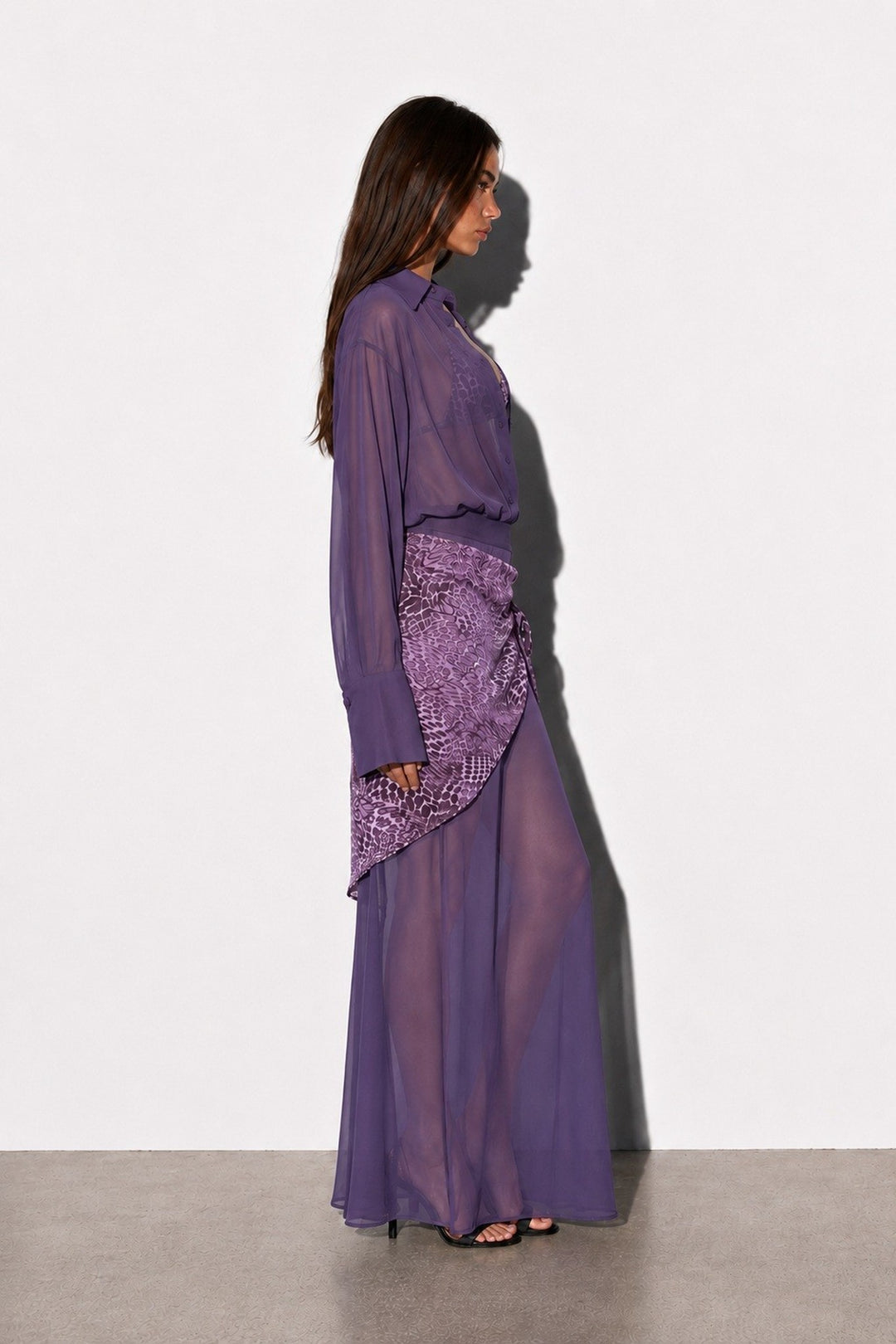 Purple sheer chiffon maxi dress set, side view