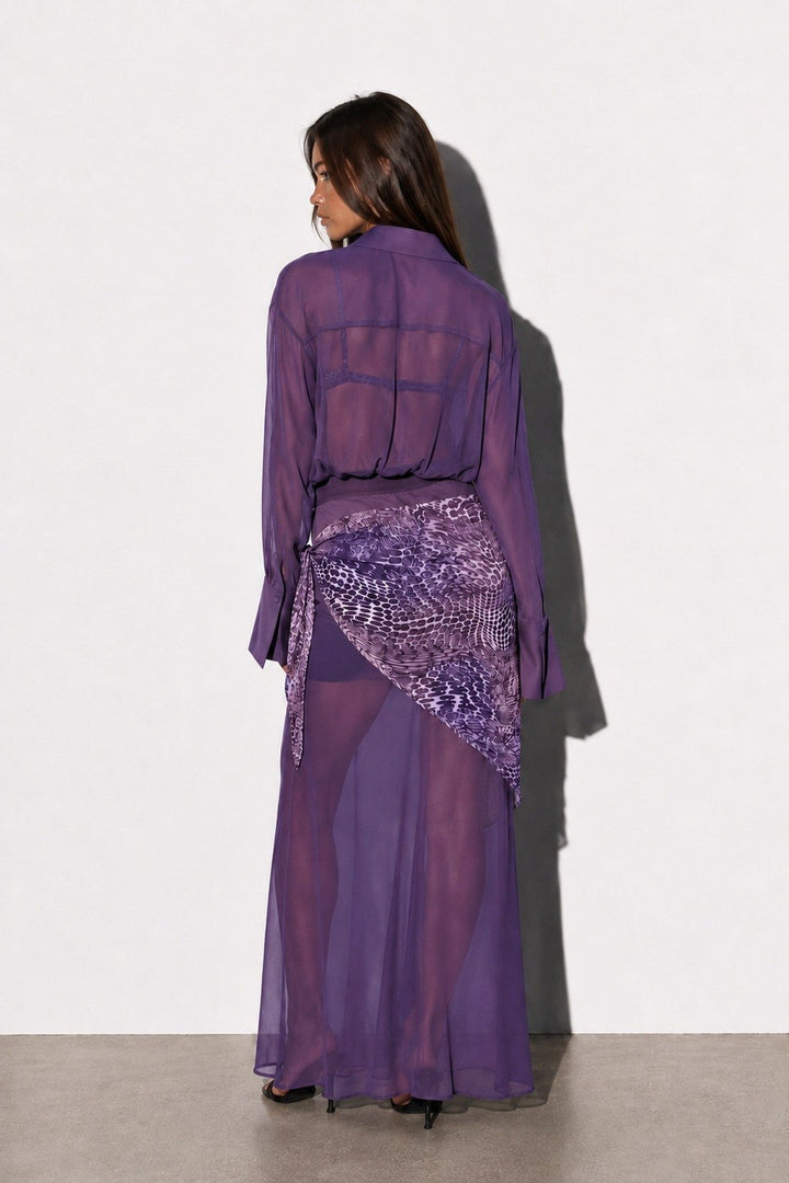 Purple Sheer Long Sleeve Maxi Dress Bralette and Scarf 3 Piece Set - STYLED BY ALX COUTUREOutfit Sets