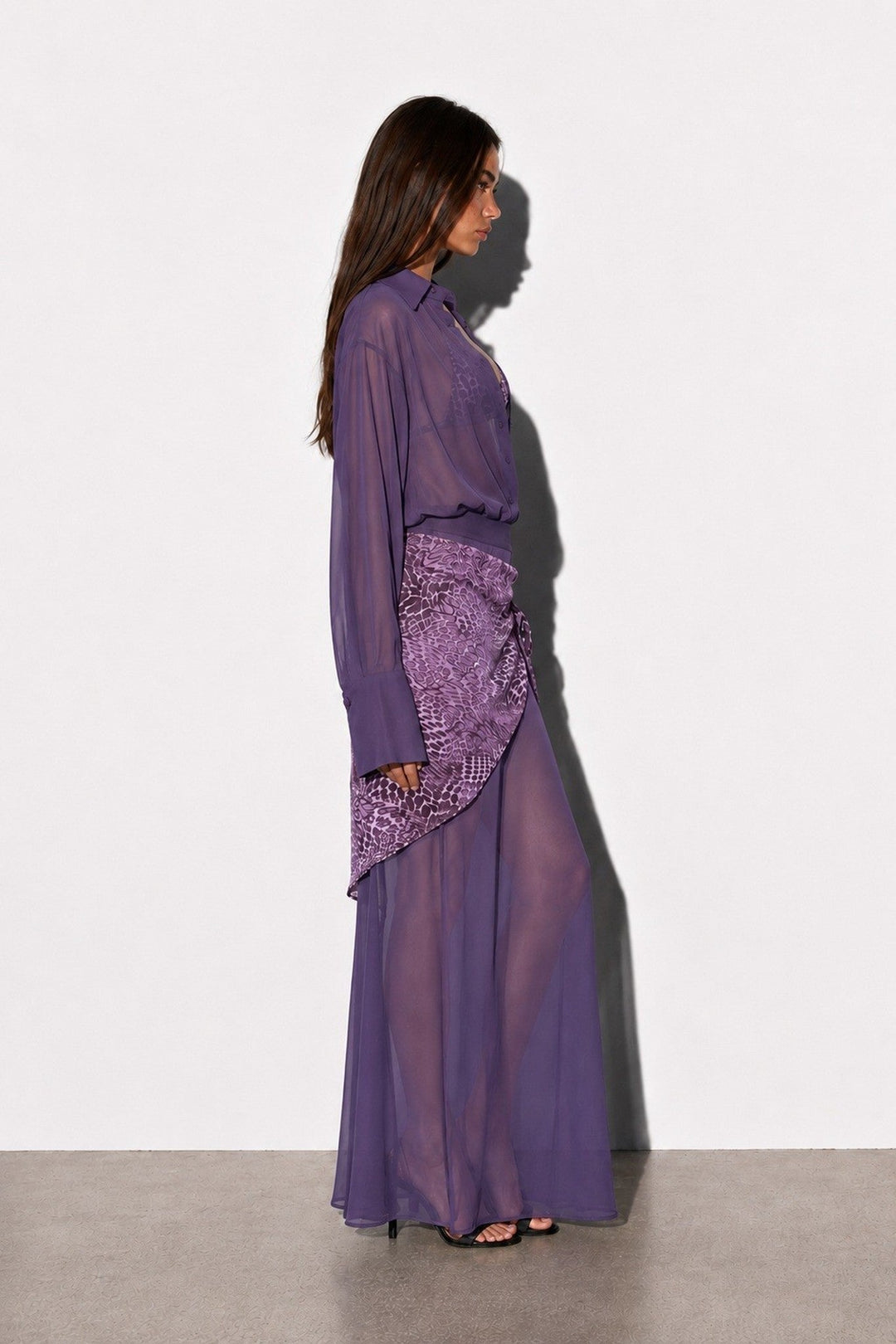 Purple Sheer Long Sleeve Maxi Dress Bralette and Scarf 3 Piece Set - STYLED BY ALX COUTUREOutfit Sets