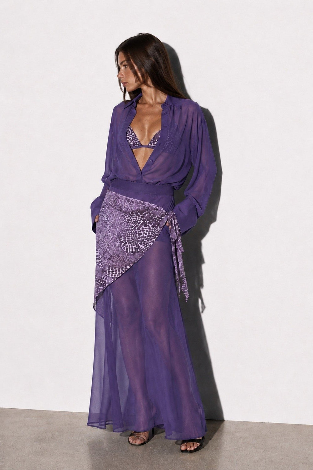 Purple Sheer Long Sleeve Maxi Dress Bralette and Scarf 3 Piece Set - STYLED BY ALX COUTUREOutfit Sets