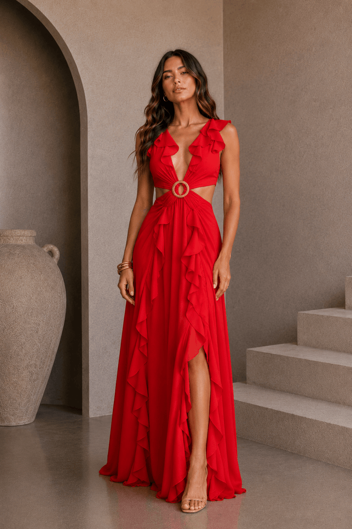 Red Cutout Frilly Maxi Dress