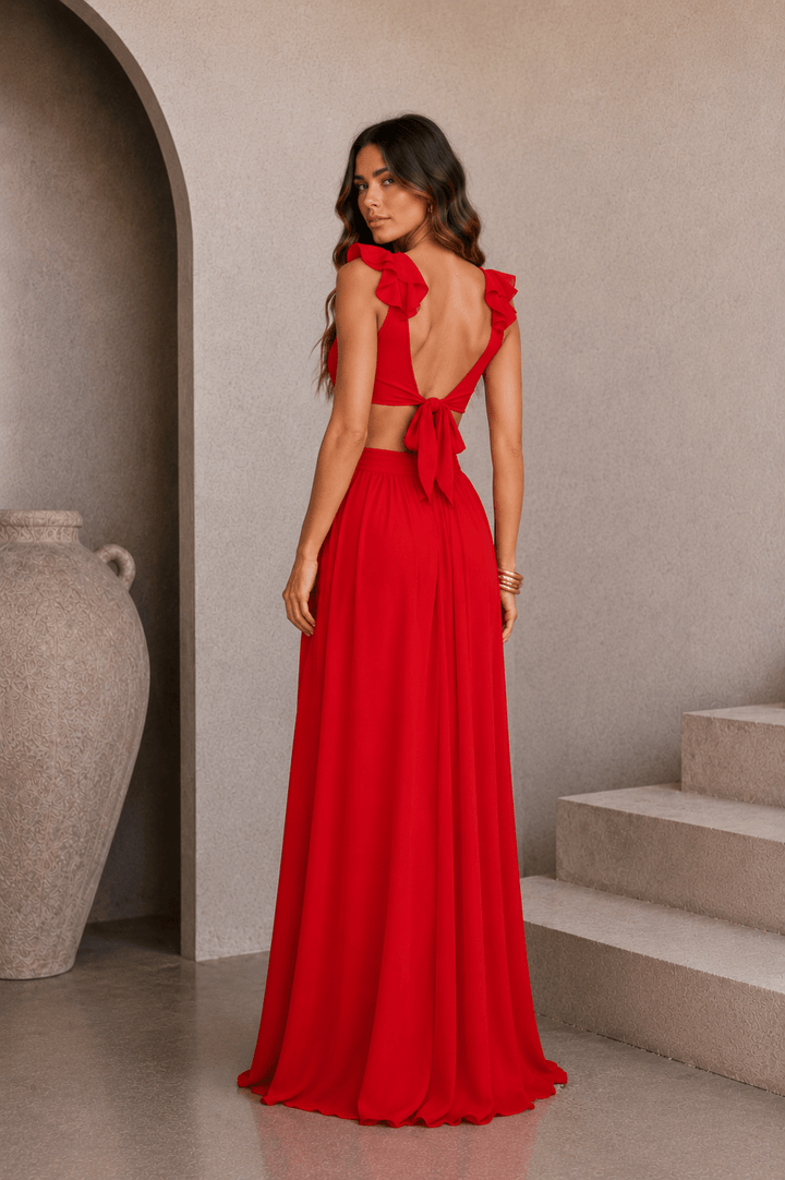 Red Cutout Frilly Maxi Dress - STYLED BY ALX COUTUREDresses