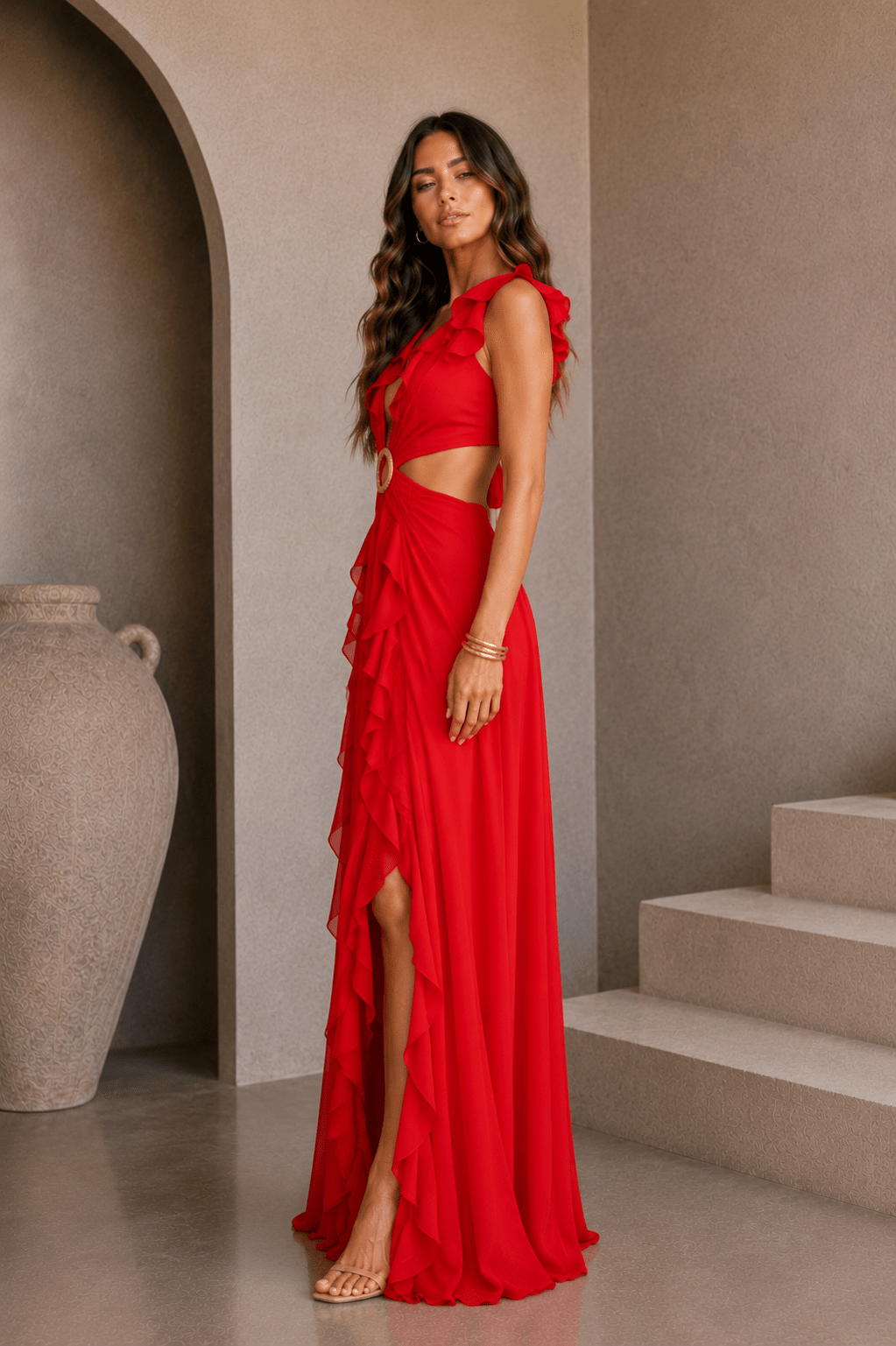 red frilly dress Brittany Cutout Ruffle A-Line Prom | Elegant Gown with Slit this mini features a feminine gathered bust detail and a playful tiered Ruffle Maxi Dress in Red