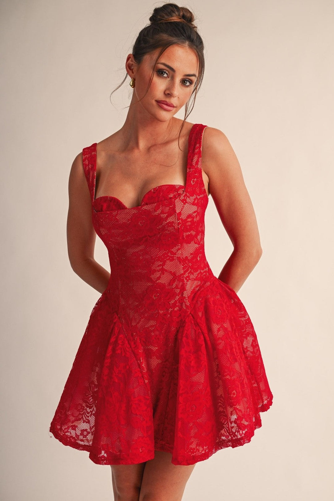 Red Elodie floral lace fit and flare mini dress with sweetheart neckline, front view
