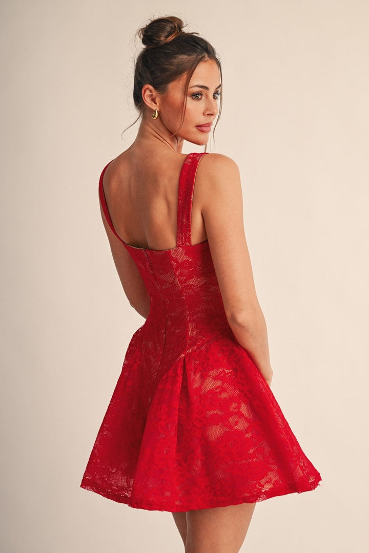 Red lace fit and flare mini dress, back view