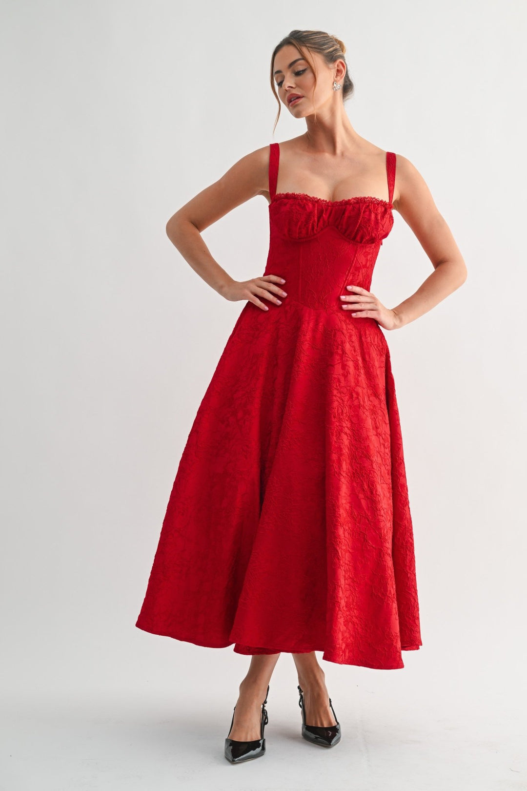 Red Fleur Corset Midi Dress STYLED BY ALX COUTURE Red Fleur Corset Midi Dress STYLED BY ALX COUTURE