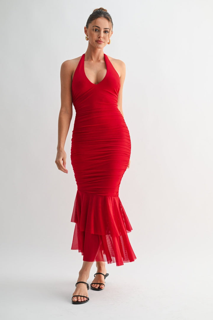 Red La Rouge Halter Flounce Gown - STYLED BY ALX COUTUREDresses