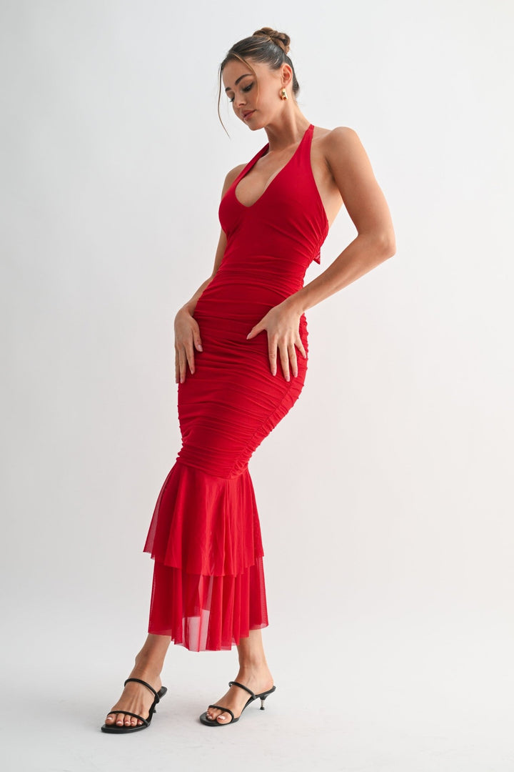 Red La Rouge Halter Flounce Gown - STYLED BY ALX COUTUREDresses