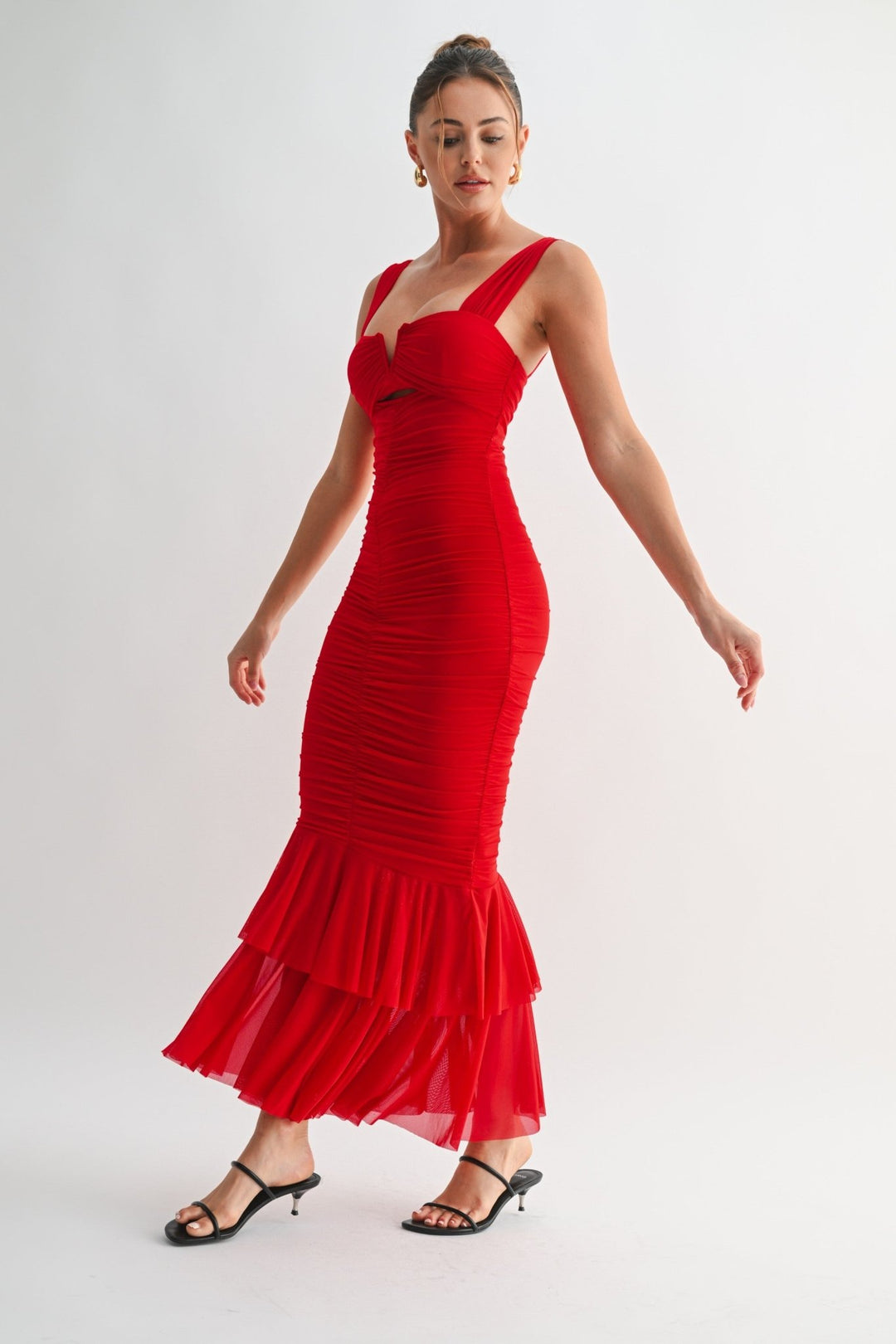 Red Mesh Ruffle Long Dress Red Mesh Ruffle Long Dress