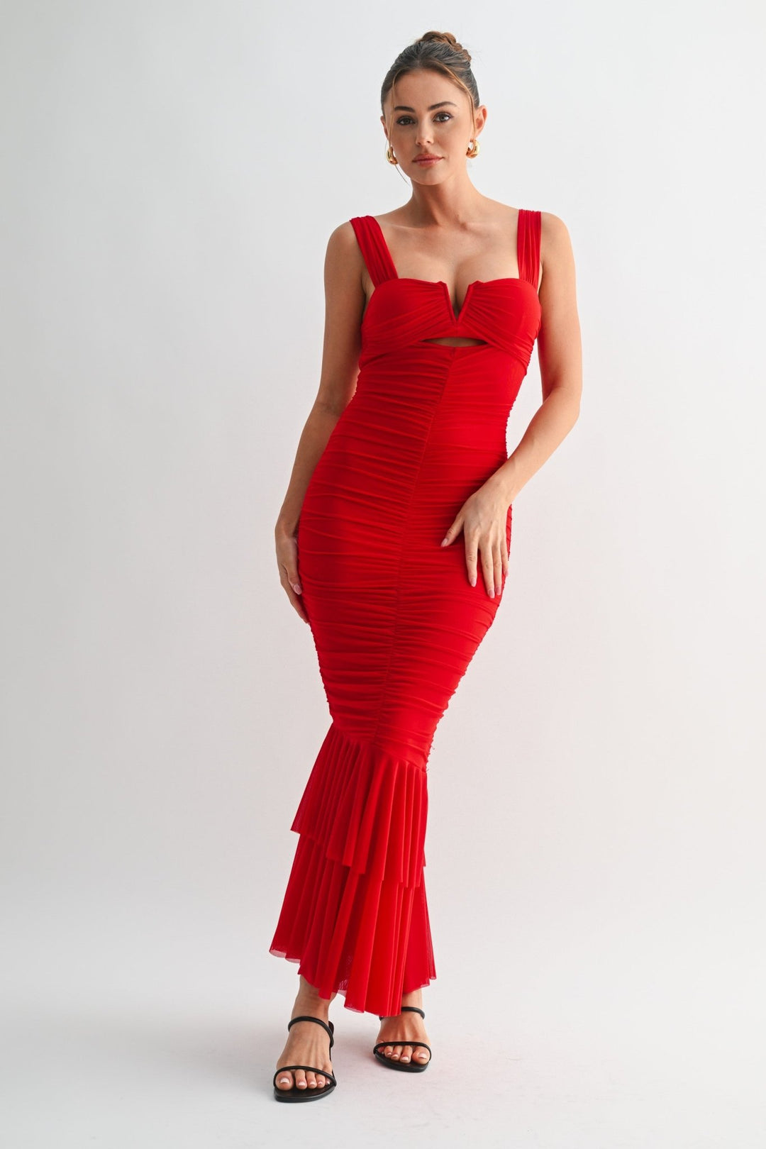 Red Mesh Ruffle Long Dress Red Mesh Ruffle Long Dress