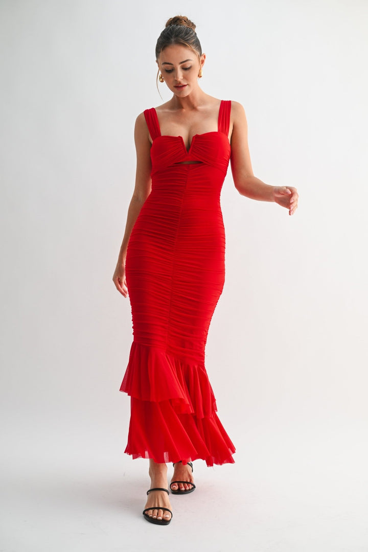 Red Mesh Ruffle Long Dress - STYLED BY ALX COUTUREDresses