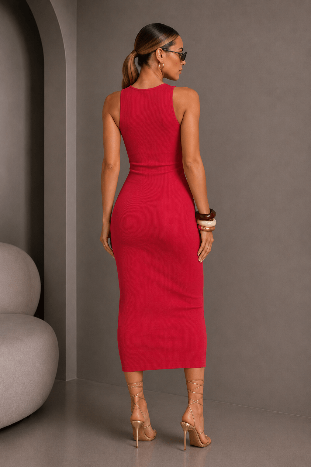 Red Sleeveless Cut - out Front Midi Dress - STYLED BY ALX COUTUREDresses