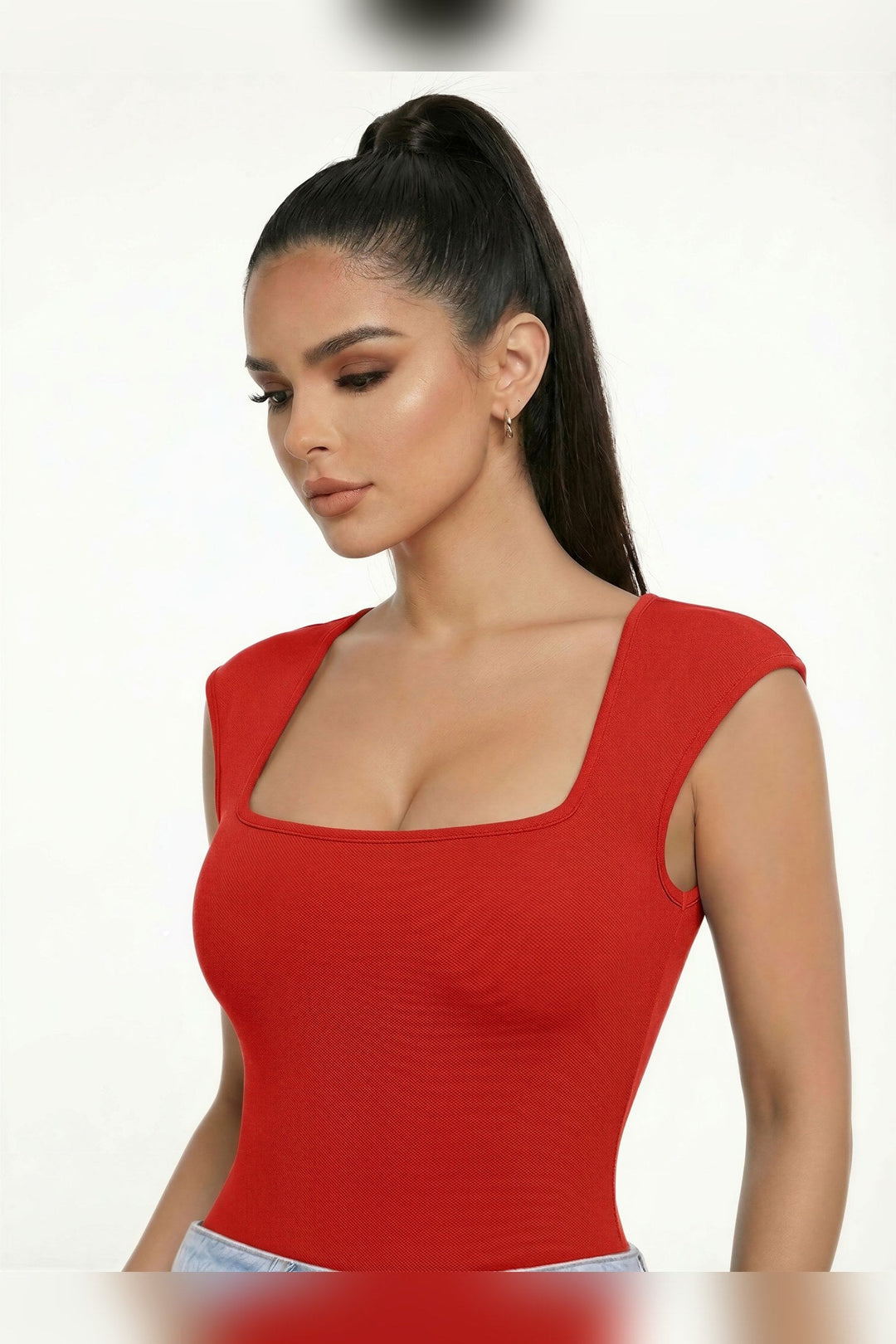 Red Square Neck Sleeveless Bodysuit - STYLED BY ALX COUTUREBodysuits