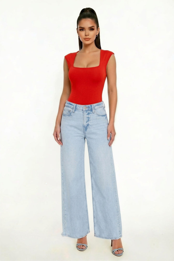 Red Square Neck Sleeveless Bodysuit - STYLED BY ALX COUTUREBodysuits