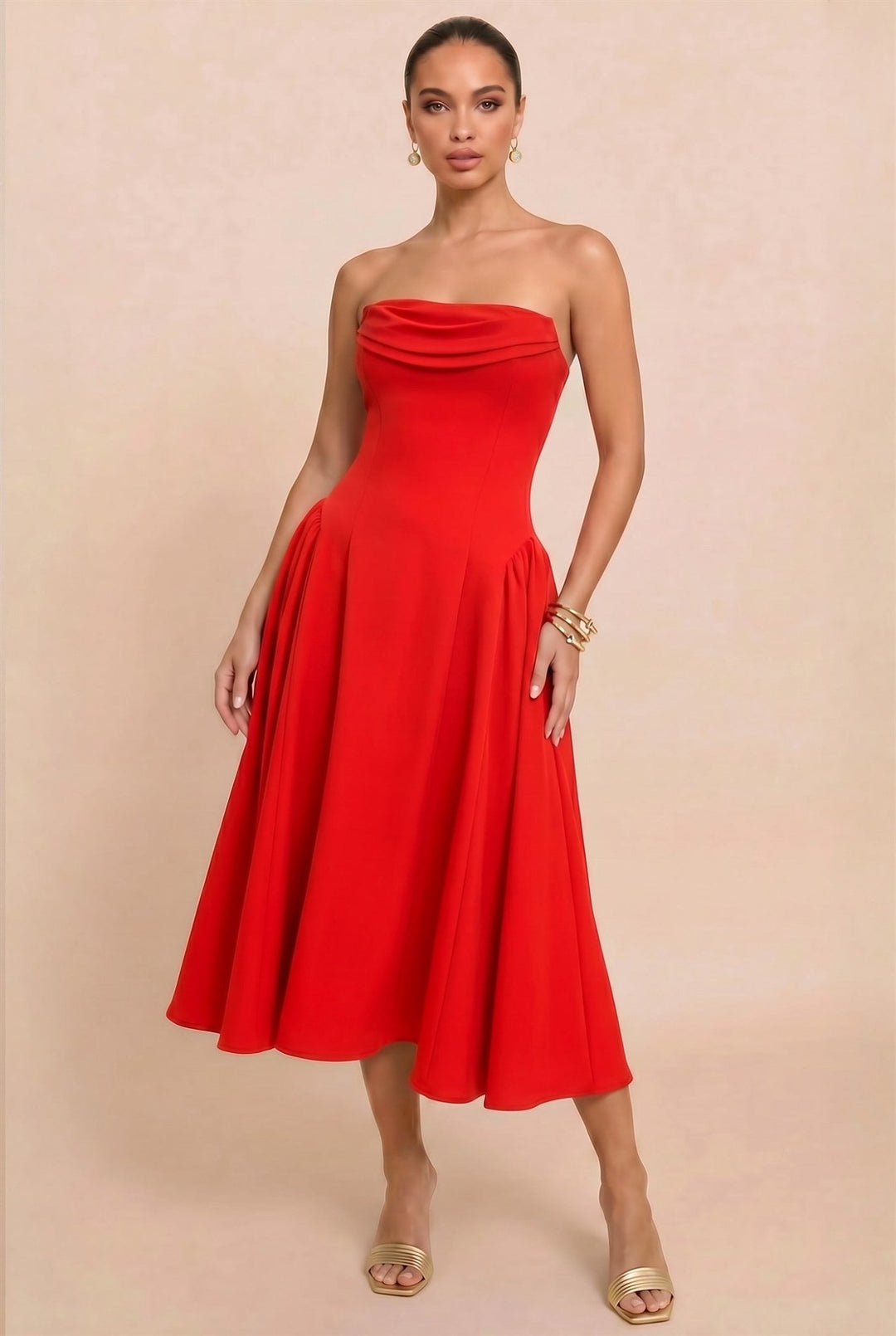 Red Strapless Peplum Midi Dress - STYLED BY ALX COUTUREDresses