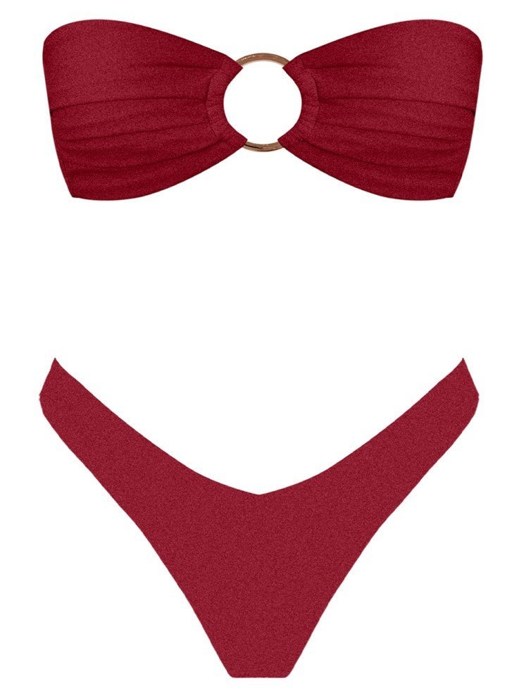 Wine red pleated bandeau bikini top with a gold-tone center ring