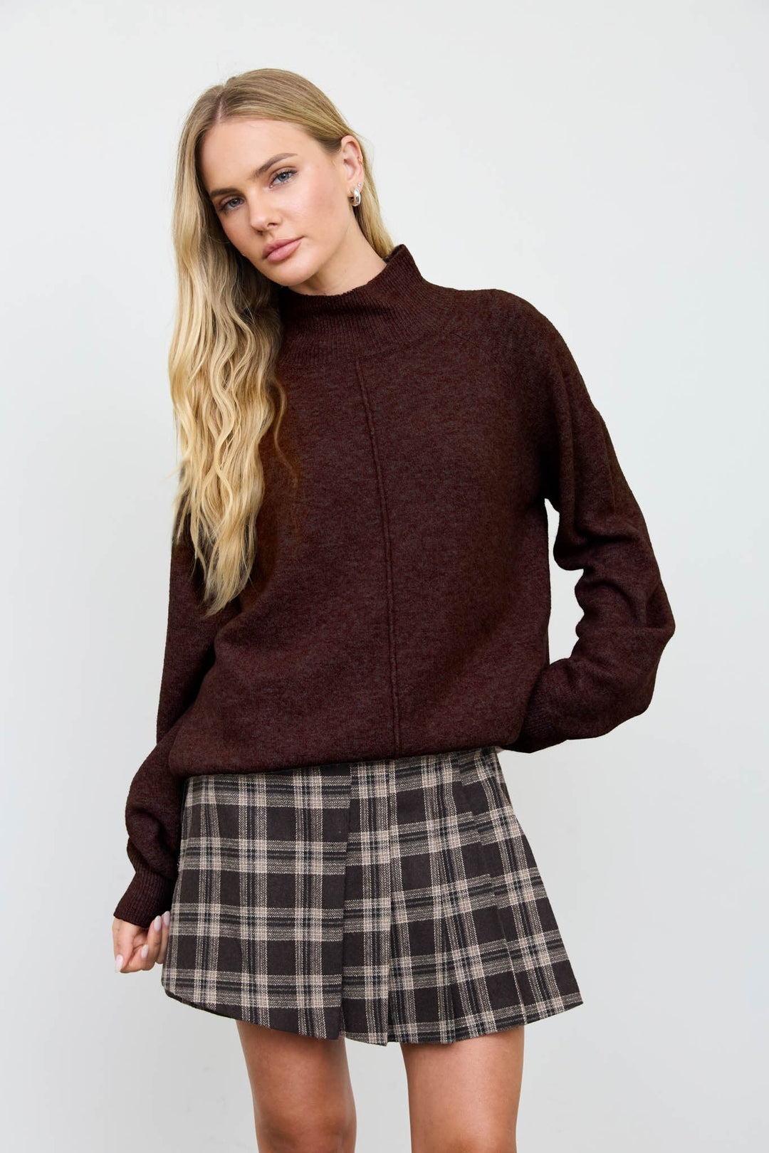 Red Wood Center Seam Mock Neck Relaxed Pullover Sweater - STYLED BY ALX COUTURESweaters