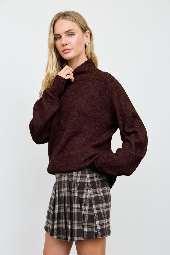 Red Wood Center Seam Mock Neck Relaxed Pullover Sweater - STYLED BY ALX COUTURESweaters