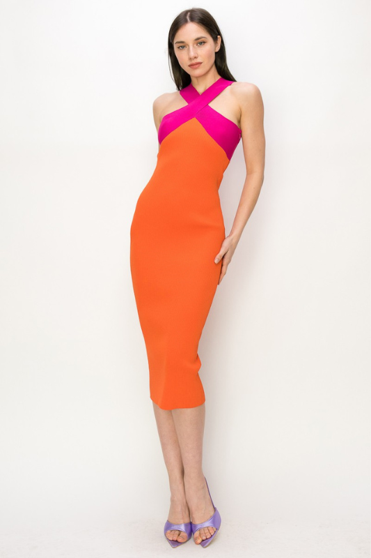 STYLED BY ALX COUTURE MIAMI BOUTIQUE Orange Fuchsia Crossover Neckline Midi Dress