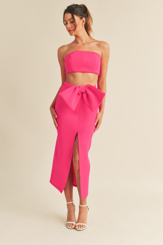 STYLED BY ALX COUTURE MIAMI BOUTIQUE Hot Pink Scuba Tube Crop Top Ribbon Midi Skirt *PRE*