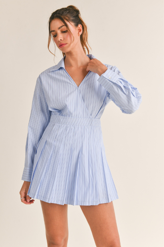 STYLED BY ALX COUTURE MIAMI BOUTIQUE Blue Stripe Long Sleeve Pleated Skort Dress 