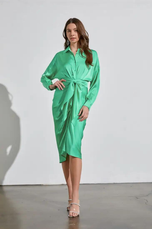 STYLED BY ALX COUTURE MIAMI BOUTIQUE Biscay Green Collar Button Down Front Tie Dress 
