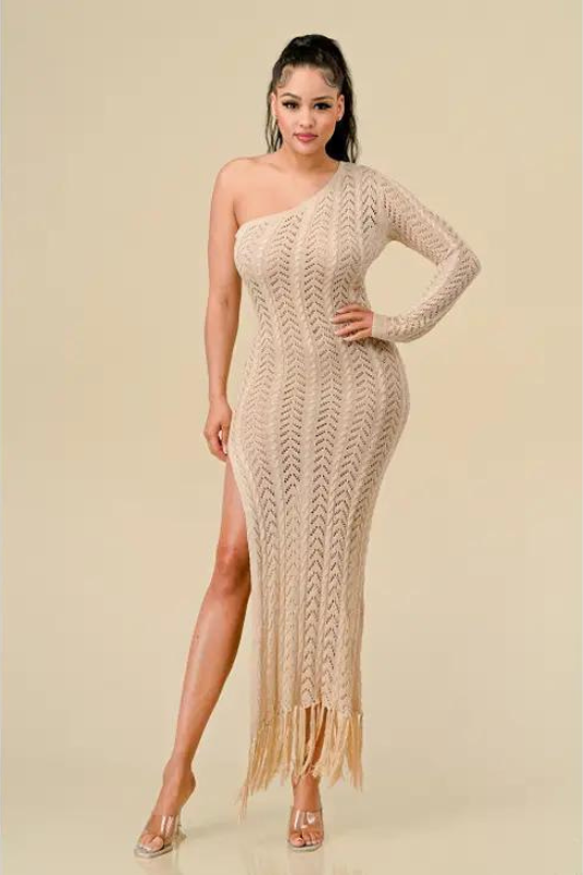 STYLED BY ALX COUTURE MIAMI BOUTIQUE Oatmeal Knitted One Shoulder Dress *PRE*