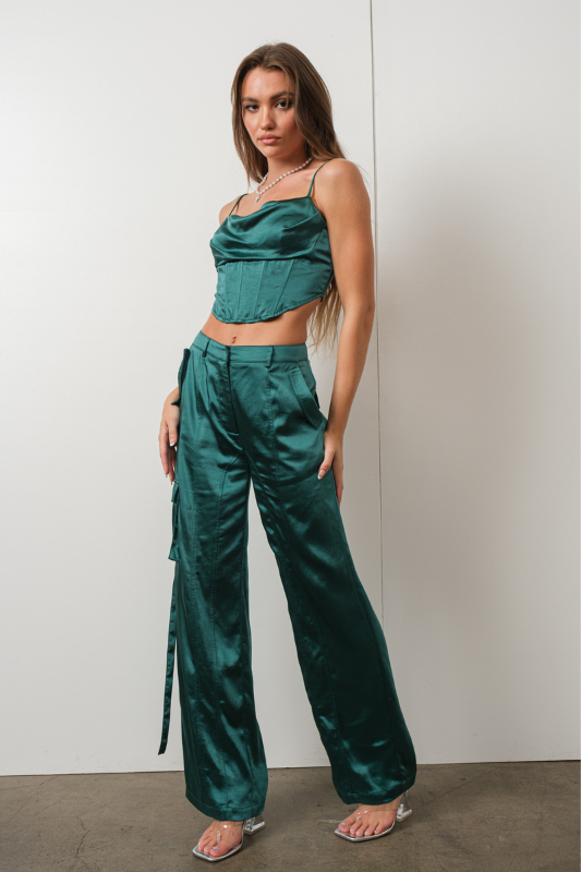 STYLED BY ALX COUTURE MIAMI BOUTIQUE Forest Green Satin Corset Top and Pants Set 