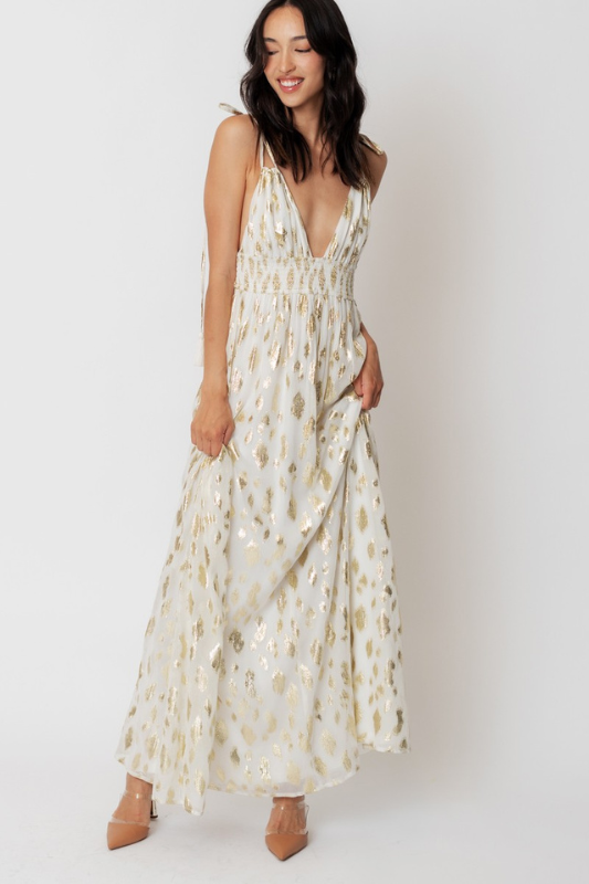 STYLED BY ALX COUTURE MIAMI BOUTIQUE Ivory Tie Shoulder Maxi Dress with Lurex Spots