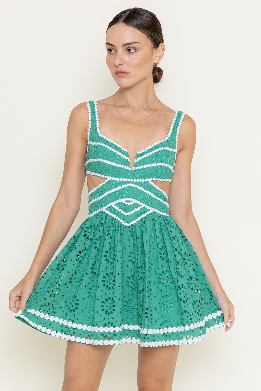 Resort Eyelet Sides Cut-out Circle Trim Mini Dress STYLED BY ALX COUTURE Resort Eyelet Sides Cut-out Circle Trim Mini Dress STYLED BY ALX COUTURE