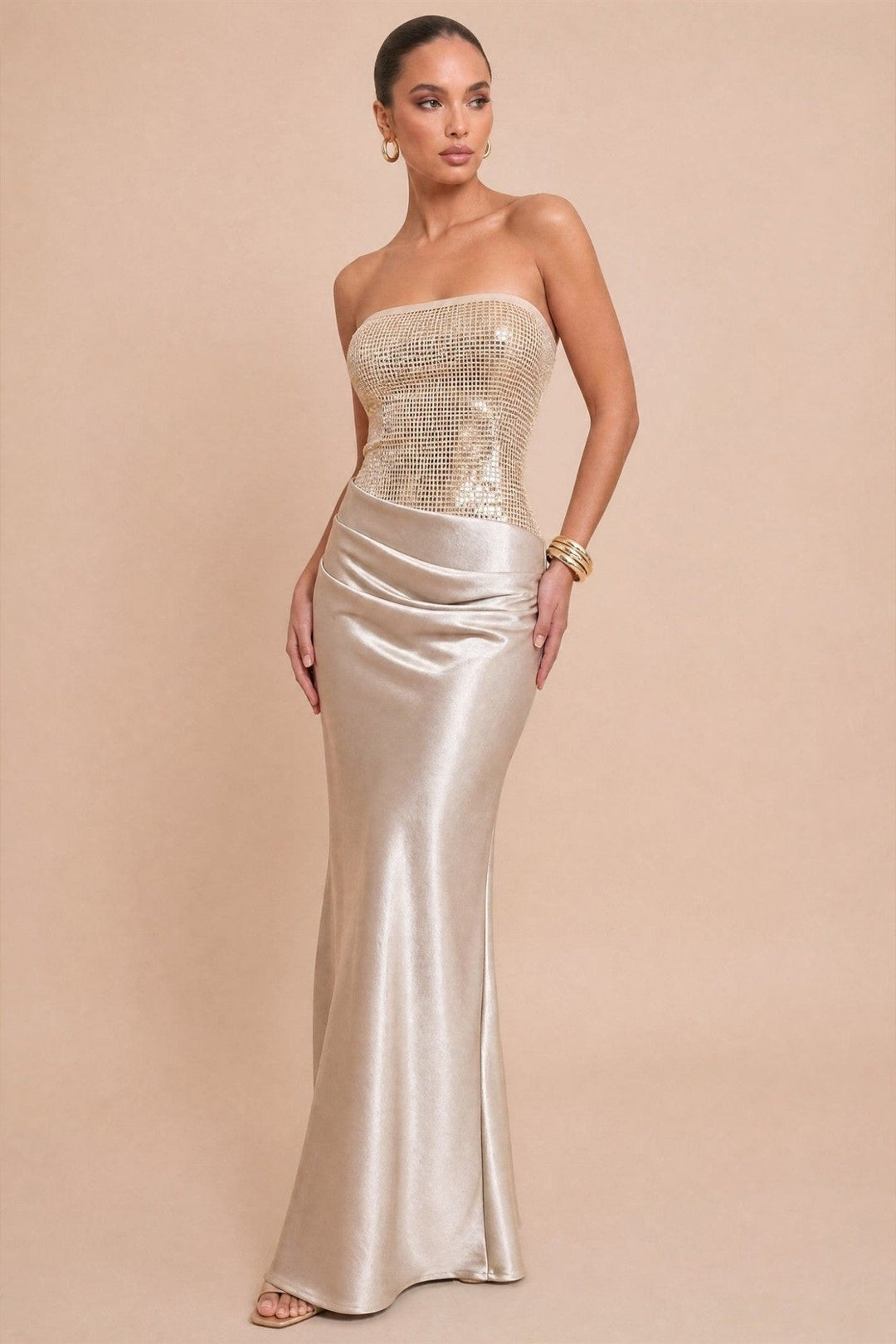 Rose Champagne Shirred Maxi Dress - STYLED BY ALX COUTUREDresses
