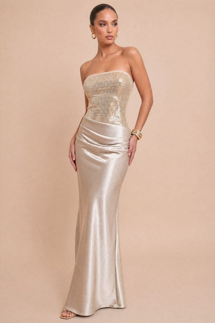 Rose Champagne Shirred Maxi Dress - STYLED BY ALX COUTUREDresses
