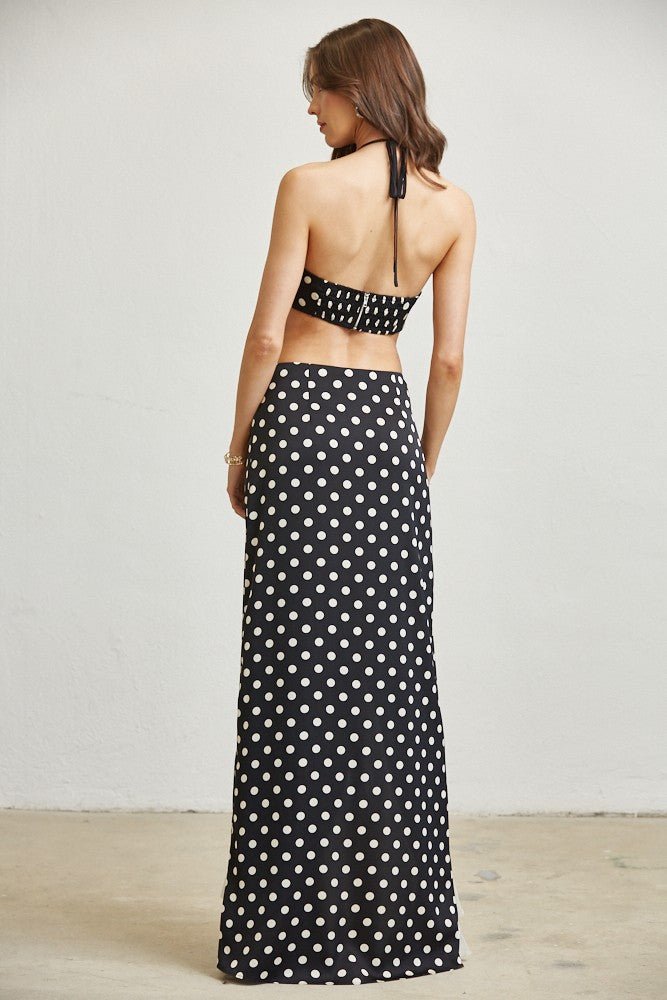 Ruched satin skirt set in a graphic polka dot print