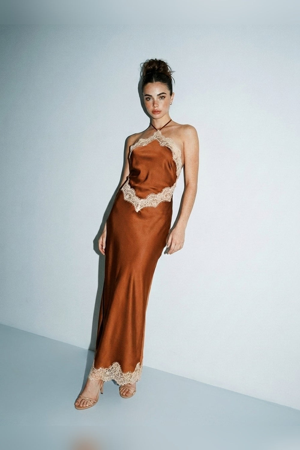 Rust satin contrast lace halter maxi dress, three-quarter view