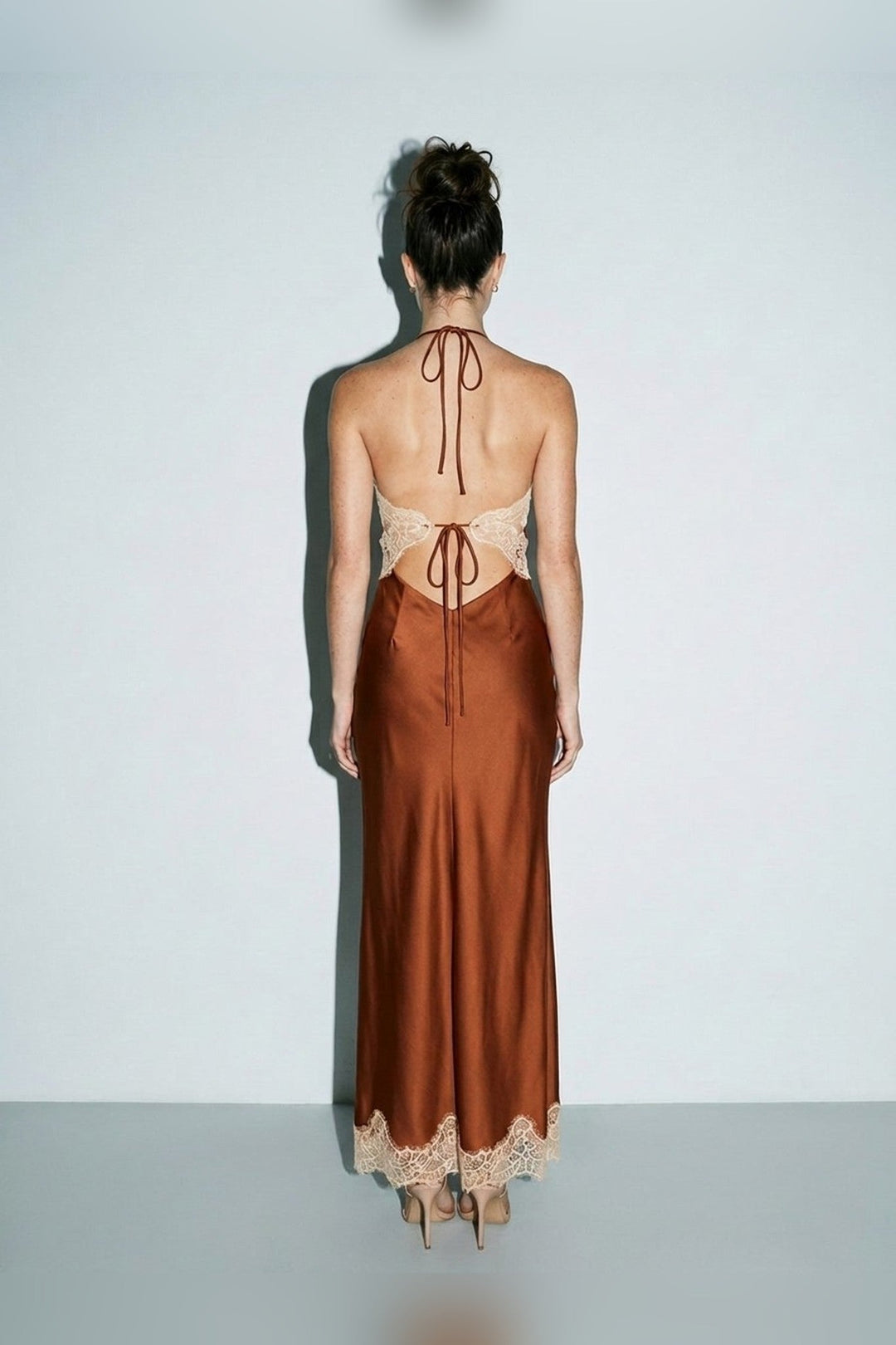 Rust Satin Contrast Lace Halter Tie Maxi Dress - STYLED BY ALX COUTUREDresses