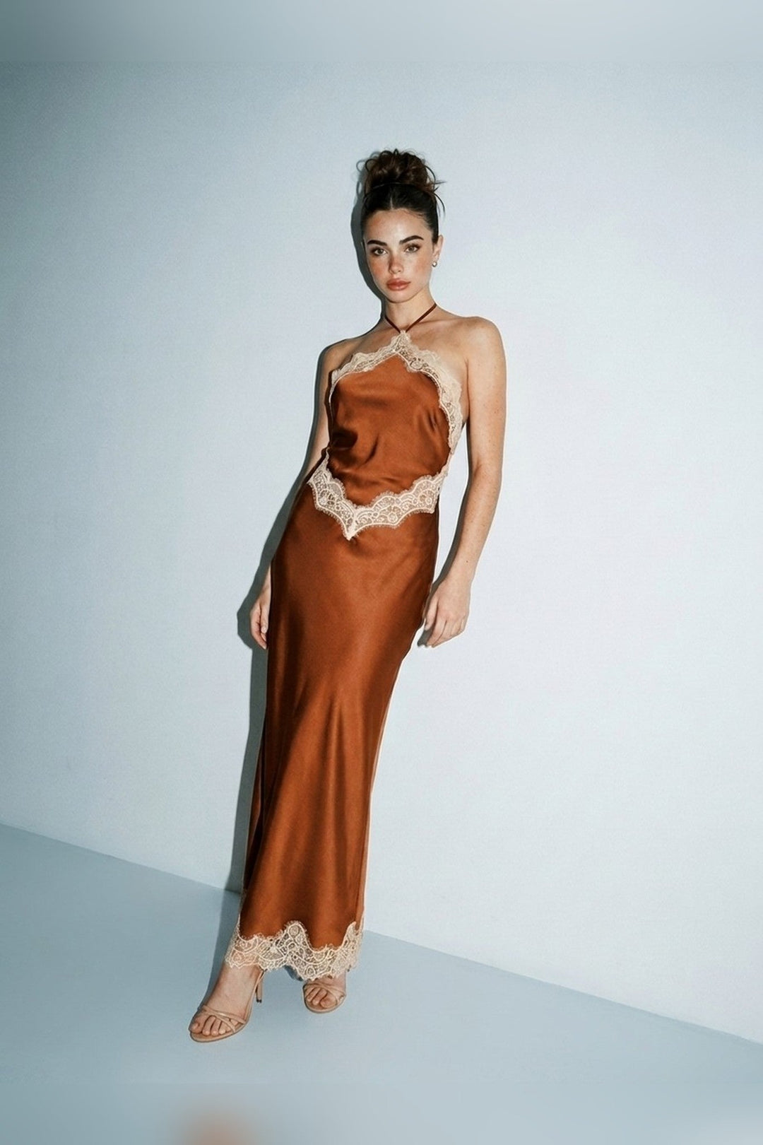 Rust Satin Contrast Lace Halter Tie Maxi Dress - STYLED BY ALX COUTUREDresses