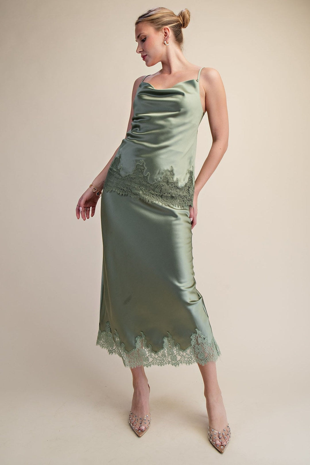 Sage Satin Lace Trim Cowl Neck Cami Top - STYLED BY ALX COUTURETops