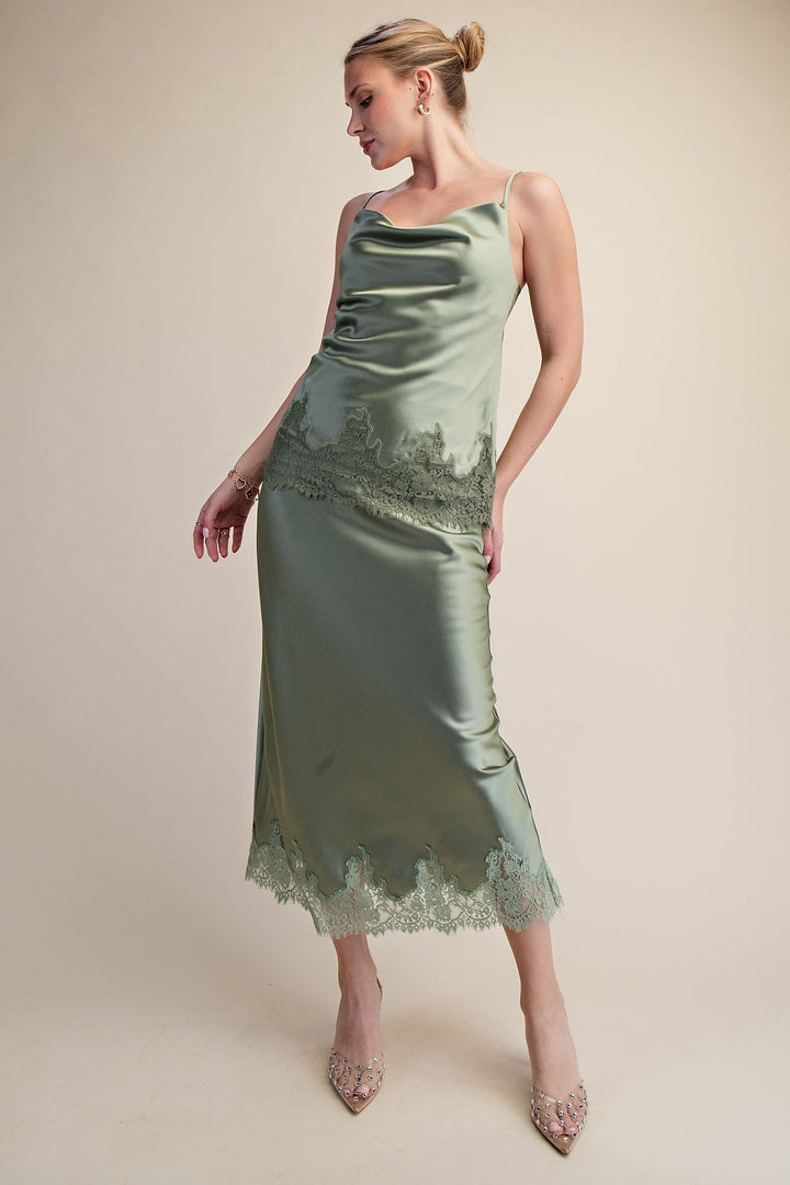 Sage Satin Lace Trim Cowl Neck Cami Top - STYLED BY ALX COUTURETops