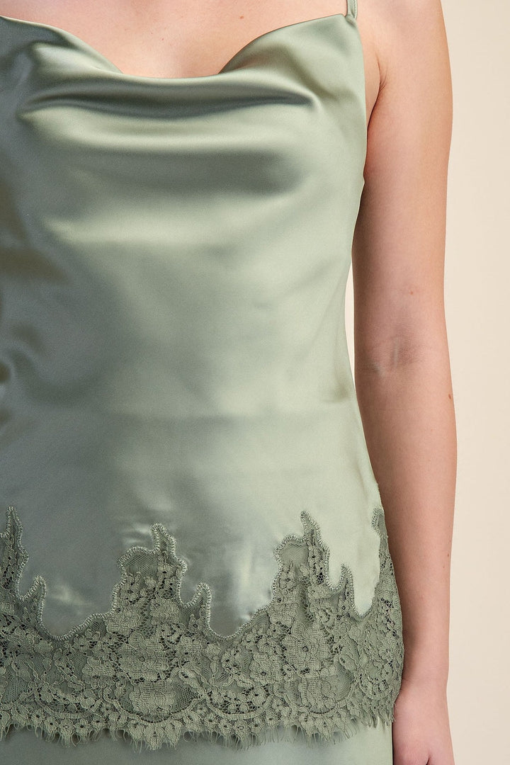 Sage Satin Lace Trim Cowl Neck Cami Top - STYLED BY ALX COUTURETops