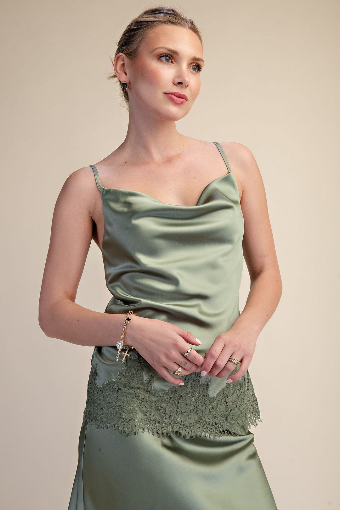 Sage Satin Lace Trim Cowl Neck Cami Top - STYLED BY ALX COUTURETops