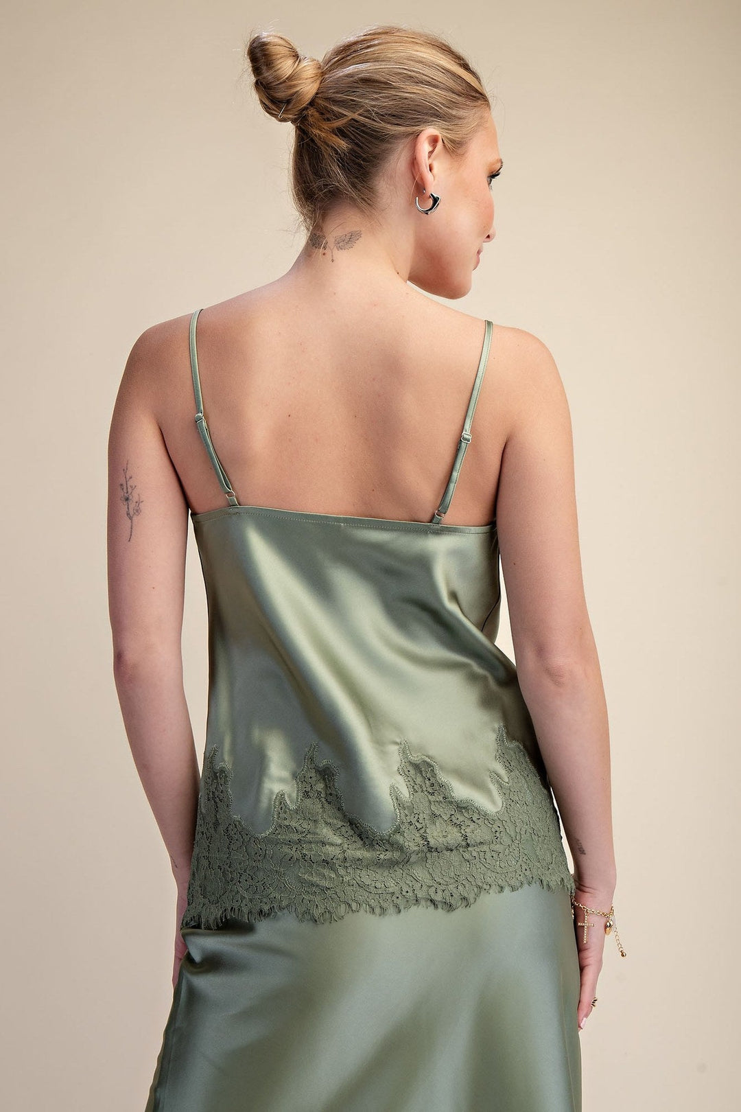 Sage Satin Lace Trim Cowl Neck Cami Top - STYLED BY ALX COUTURETops