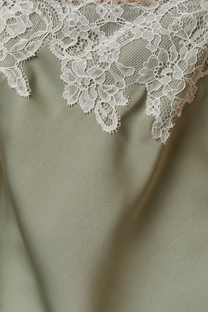 Sage White Lace Trim Asymmetrical Satin Cami Top - STYLED BY ALX COUTURETops