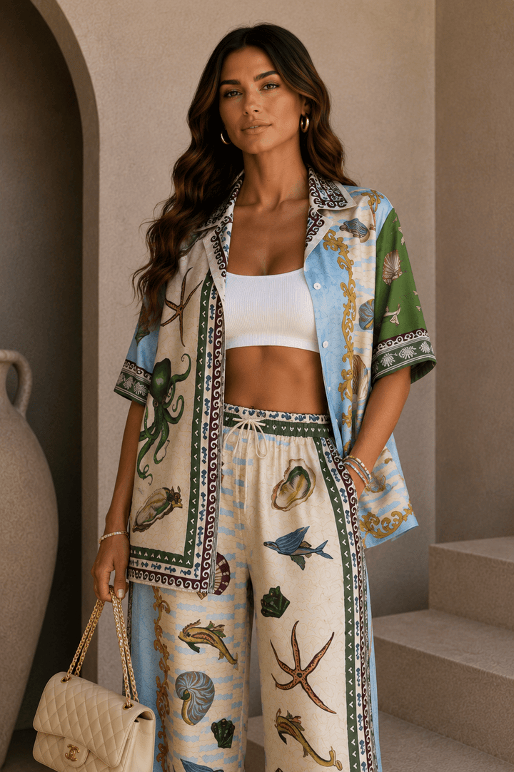 Seashell & Ocean Print Pants Set - STYLED BY ALX COUTUREOutfit Sets