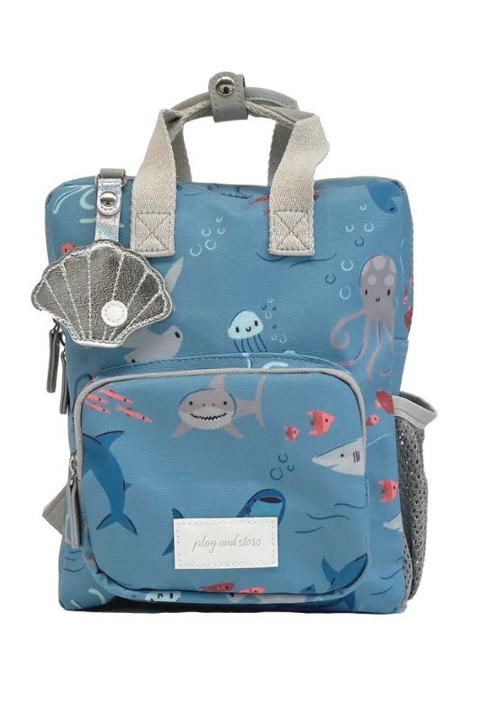 Shark motif mini backpack with an adjustable chest strap