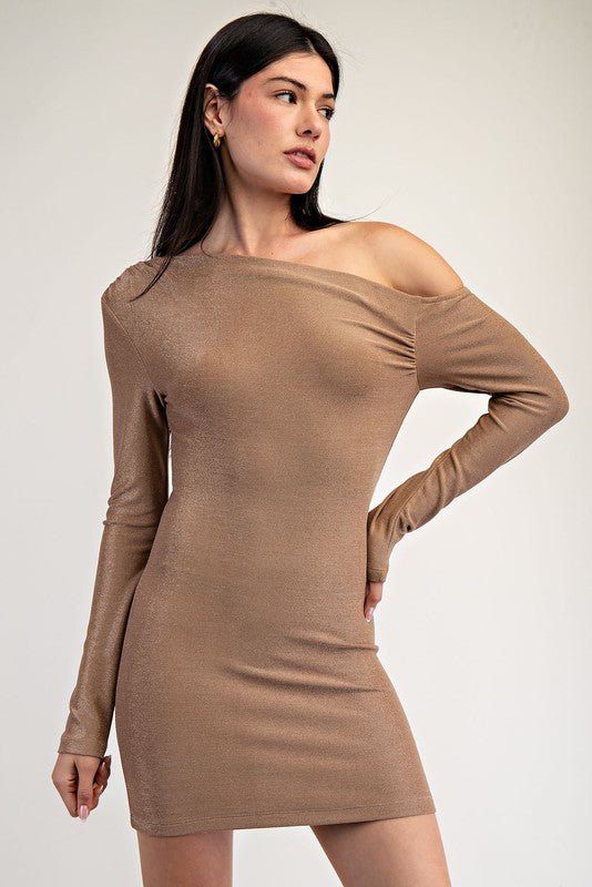 Shimmer Mocha One Shoulder Mini Dress STYLED BY ALX COUTURE Shimmer Mocha One Shoulder Mini Dress STYLED BY ALX COUTURE